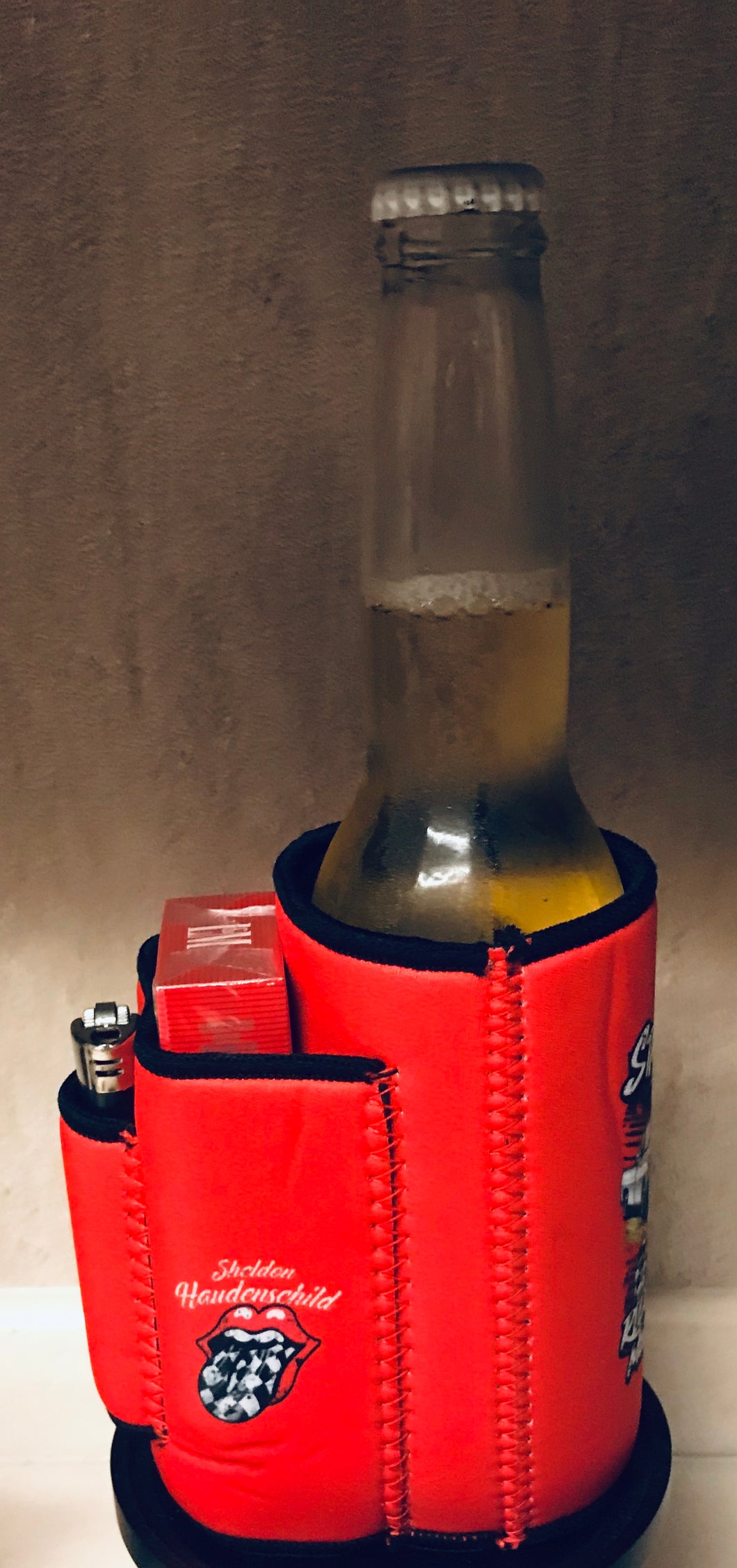 beer cozy with cigarette and lighter holder koozie lighter